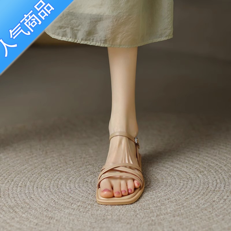 SUNTEK软底低跟凉鞋女2023年夏季新款细带方头一字带平底防滑罗马鞋高清大图