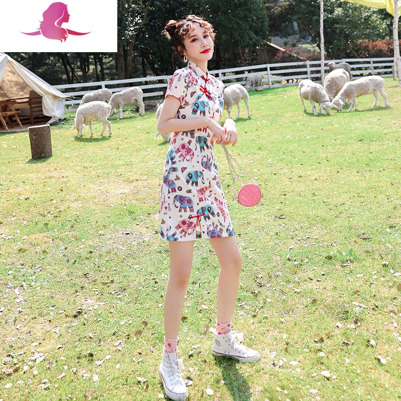 艳如飞改良版旗袍少女修身性感小个子现代年轻款连衣裙日常中国风夏短款连衣裙