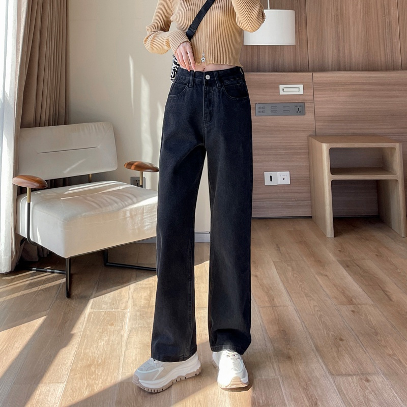 唐狮 春秋季牛仔裤女垂感大直筒裤高腰黑色显瘦垂感拖地休闲牛仔裤女