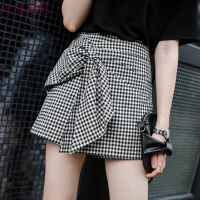 蝴蝶结装饰高腰格子棉麻a字短裤女热裤夏季阔腿裤休闲裤裙裤黑白格子