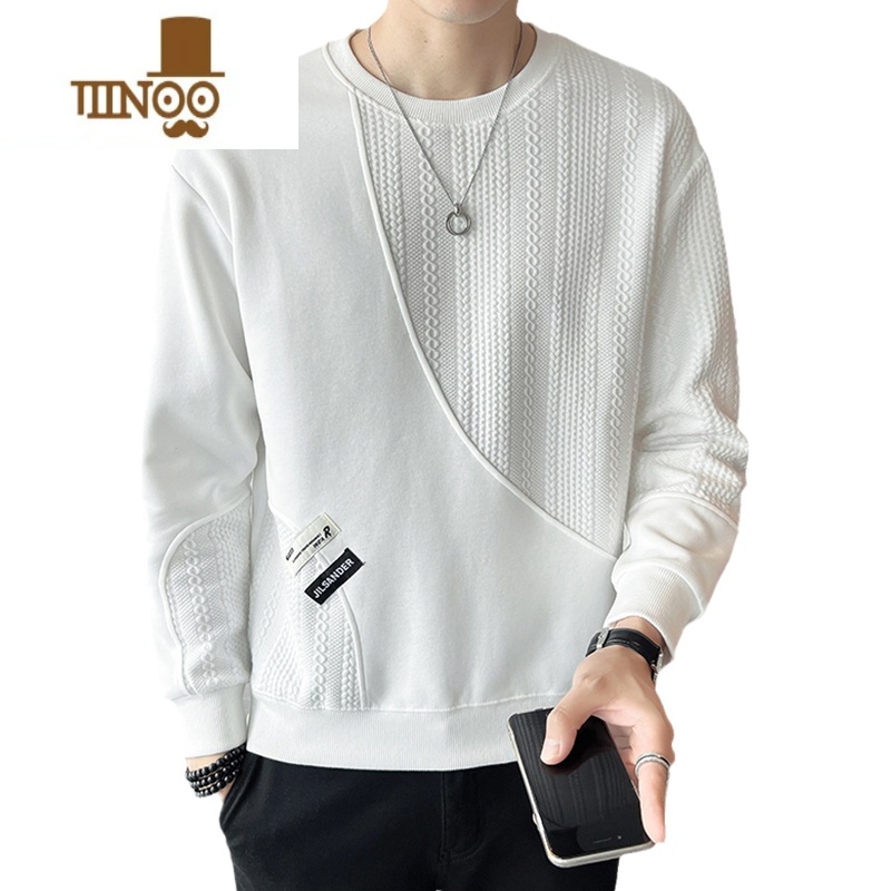 YANXU白色圆领卫衣男士2023秋季新款潮牌拼接设计感男生纹理感秋装上衣高清大图