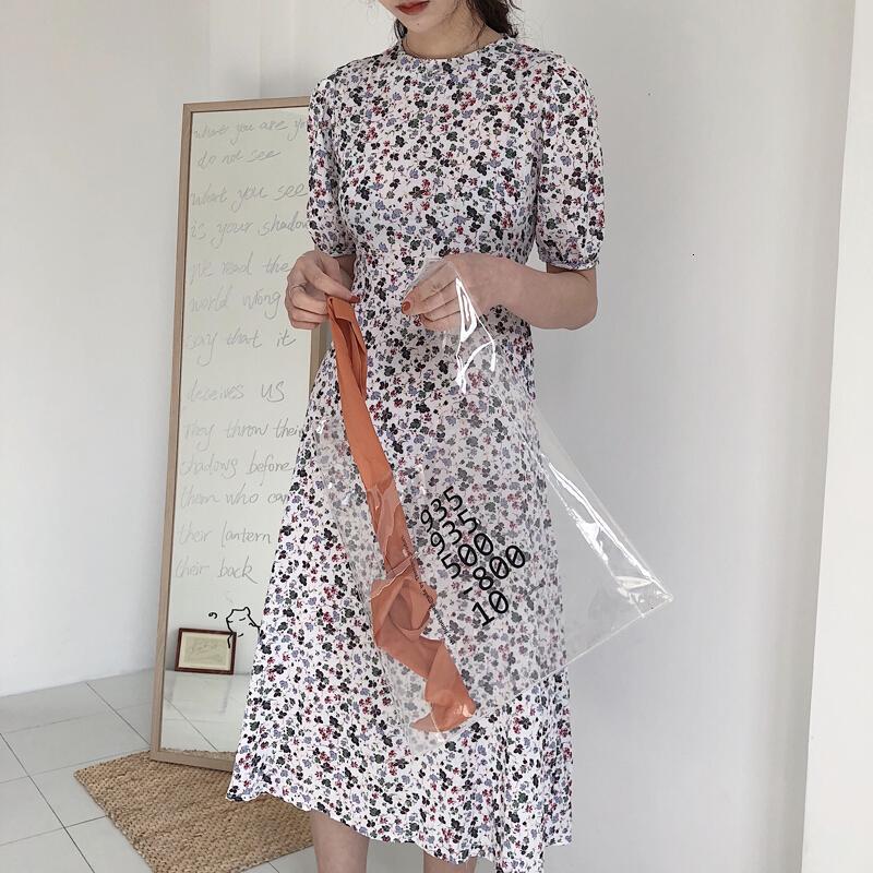 夏季韩国温柔风复古碎花印花中长款绑带收腰短袖连衣裙女米白色均码