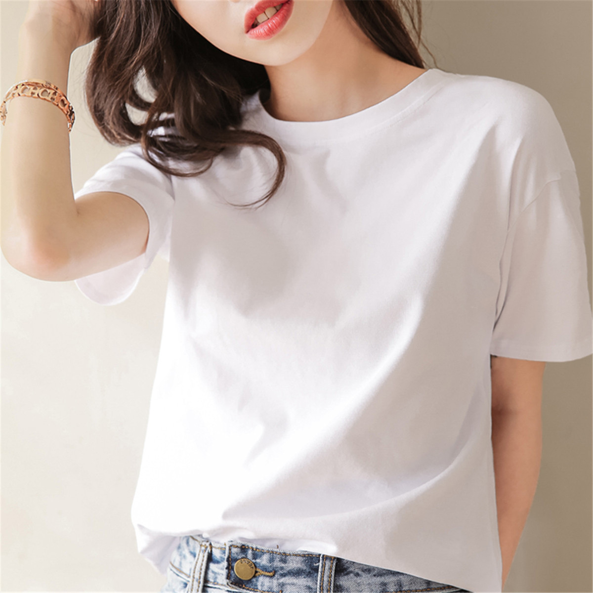 唐狮夏季短袖t恤女简约圆领净色打底上衣时尚流行潮高清大图