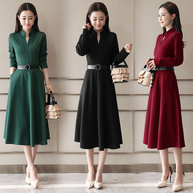 连衣裙甜美纯色高腰套头女士年春季长袖长裙h型甜美简约个性