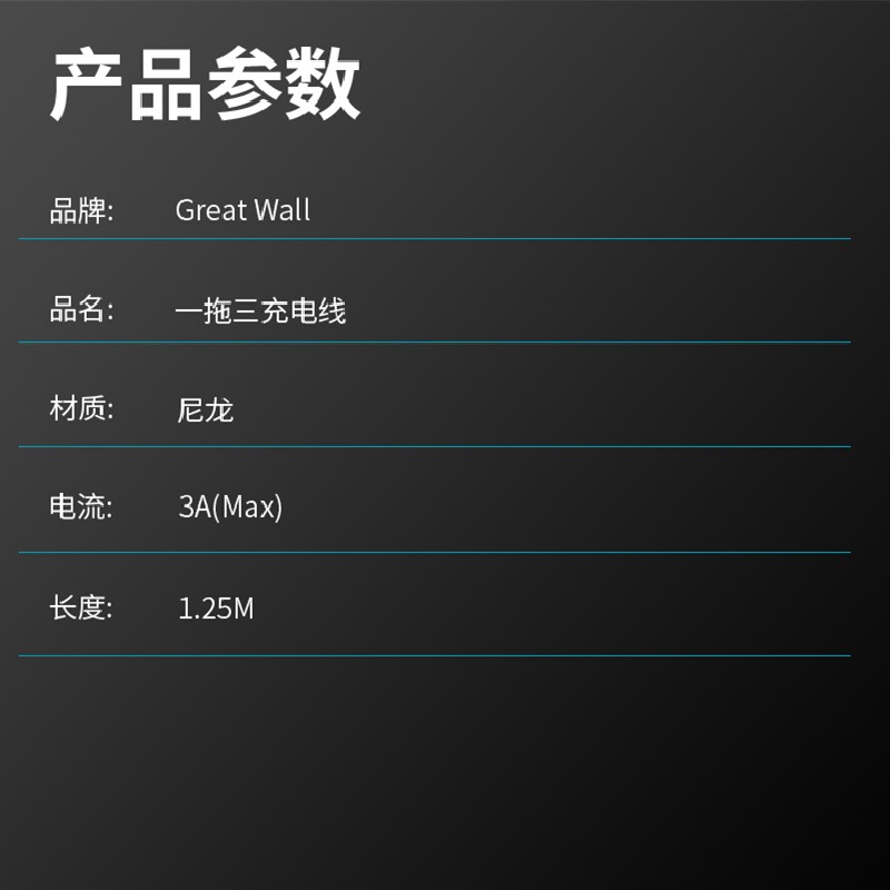 长城 321B铝壳编织数据线 一拖三 2.4A 1.25M高清大图