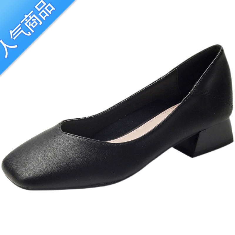 SUNTEK舒适中跟单鞋女2023春季新款粗跟浅口纯色不累脚工作高跟鞋女高清大图