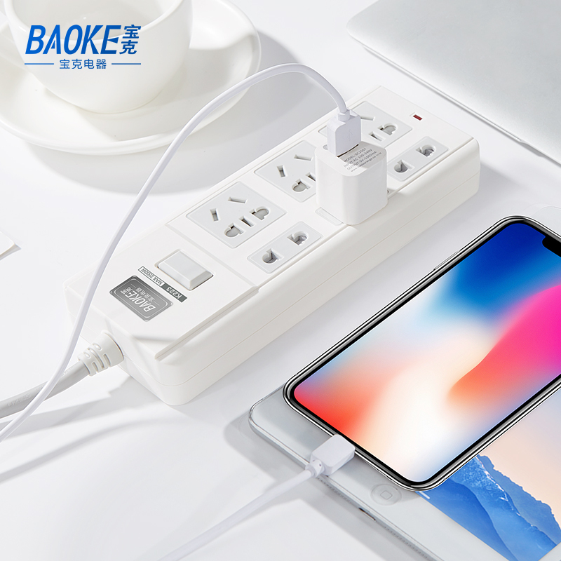 宝克(BAOKE)K223 插线板 新国标延长线插座6位组合总控开关 2500W MAX 白色 1个