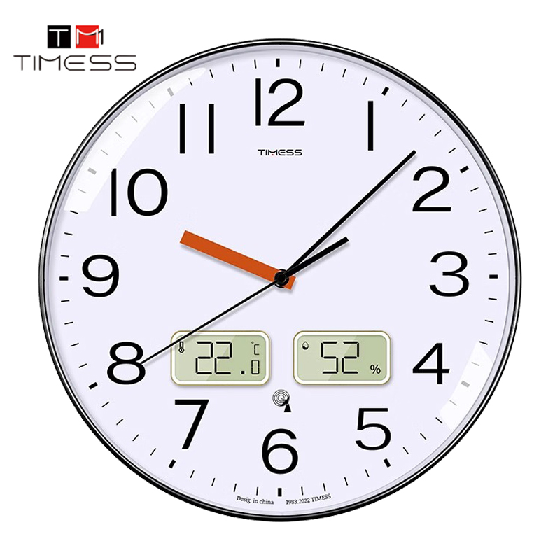 TIMESS温湿度自动对时钟表挂钟客厅家用轻奢百搭时钟免打孔电波钟