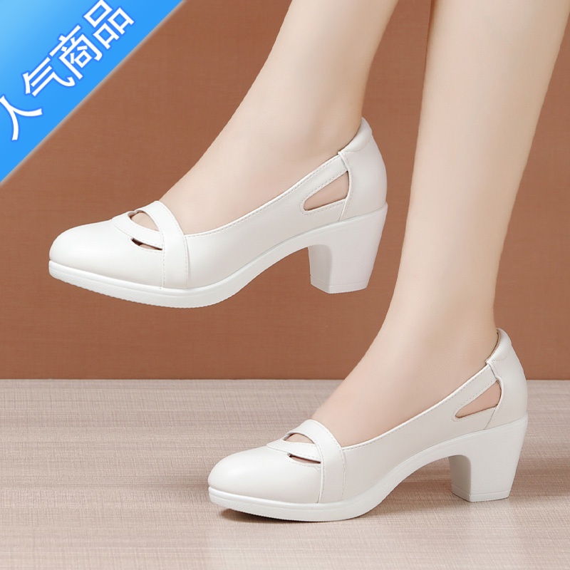 SUNTEK中跟粗跟包头凉鞋女2023春夏新款浅口中年妈妈鞋软底黑色工作单鞋 白色6CM 33