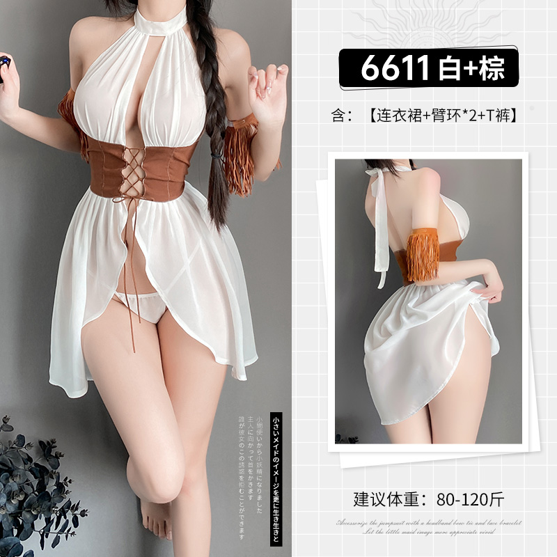 霏慕女式情趣睡衣气质性感情趣内衣西部女郎前开襟绑带套装挂脖短裙床上衣服6611
