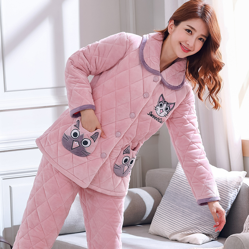 hlcoman睡衣女冬季三层加厚加绒珊瑚绒夹棉冬装法兰绒保暖单件上衣