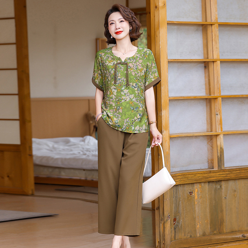 纤孜雅 中老年女装洋气妈妈夏装套装短袖2025新款夏季宽松大码上衣两件套高清大图