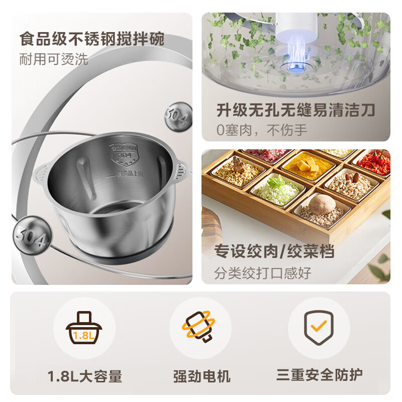美的多功能小型搅拌机高速绞肉料理机不锈钢机身大容量按键操作漏电保护 MJ-JC18FB高清大图