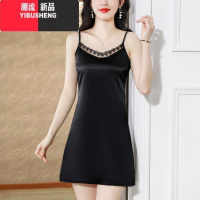 YIBUSHENG蕾丝性感v领吊带连衣裙女士季新款醋酸缎面气质内搭打底背领G L建议100-110斤 327黑色