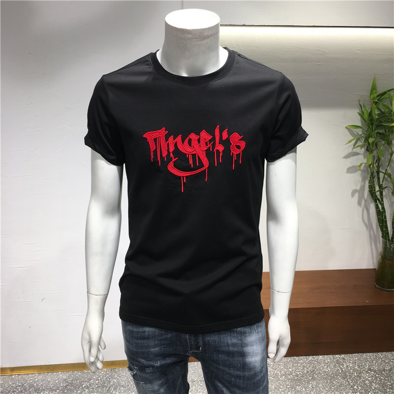 短袖T恤男时尚修身气质个性字母体恤圆领夏款潮T男时尚简单打底衫