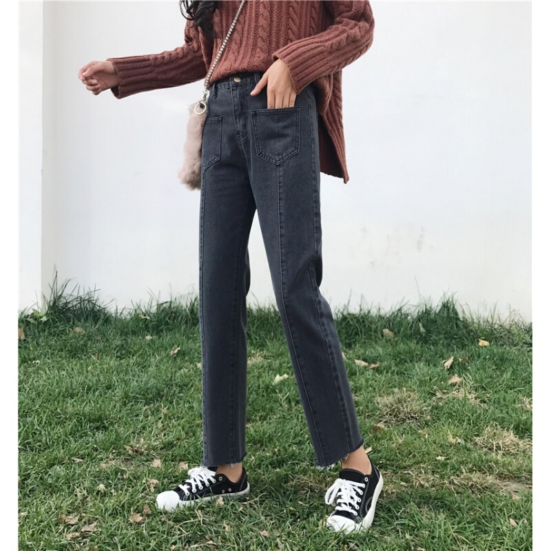 春装女装韩版个性休闲时尚毛边牛仔裤直筒裤九分裤学生小脚裤长裤
