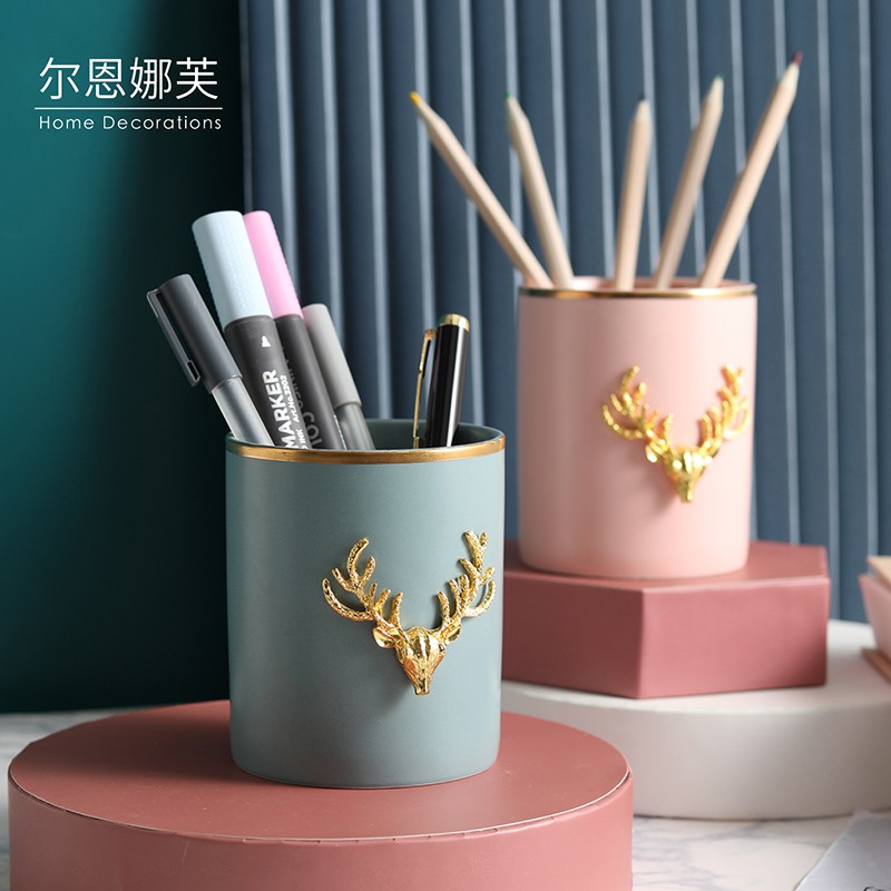 尼克鹿小清新笔筒桶 陶瓷化妆刷筒化妆刷桶桌面眼线笔眉笔收纳筒 三维工匠 纯灰蓝筒高清大图