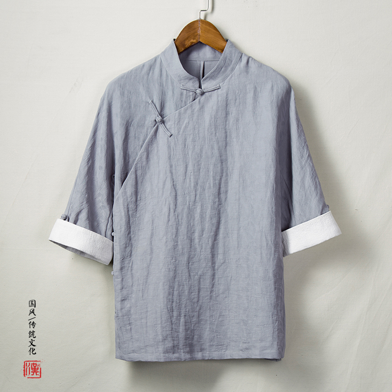 夏季亚麻布禅修茶服中式棉麻唐装改良汉服中国风男装斜襟短袖上衣