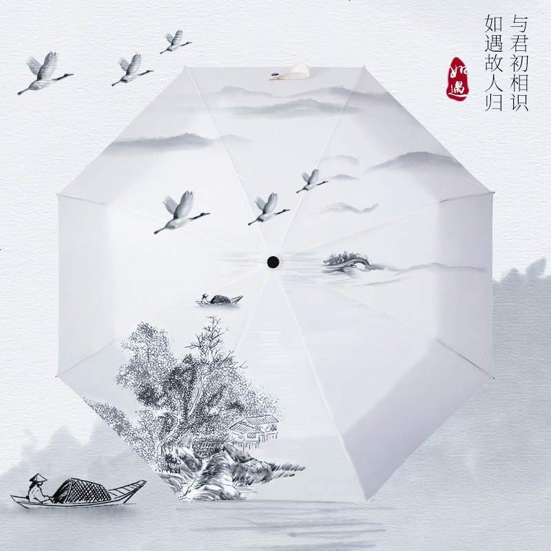 太阳伞森系全自动雨伞折叠晴雨两用复古遮阳伞中国风三折古风创意