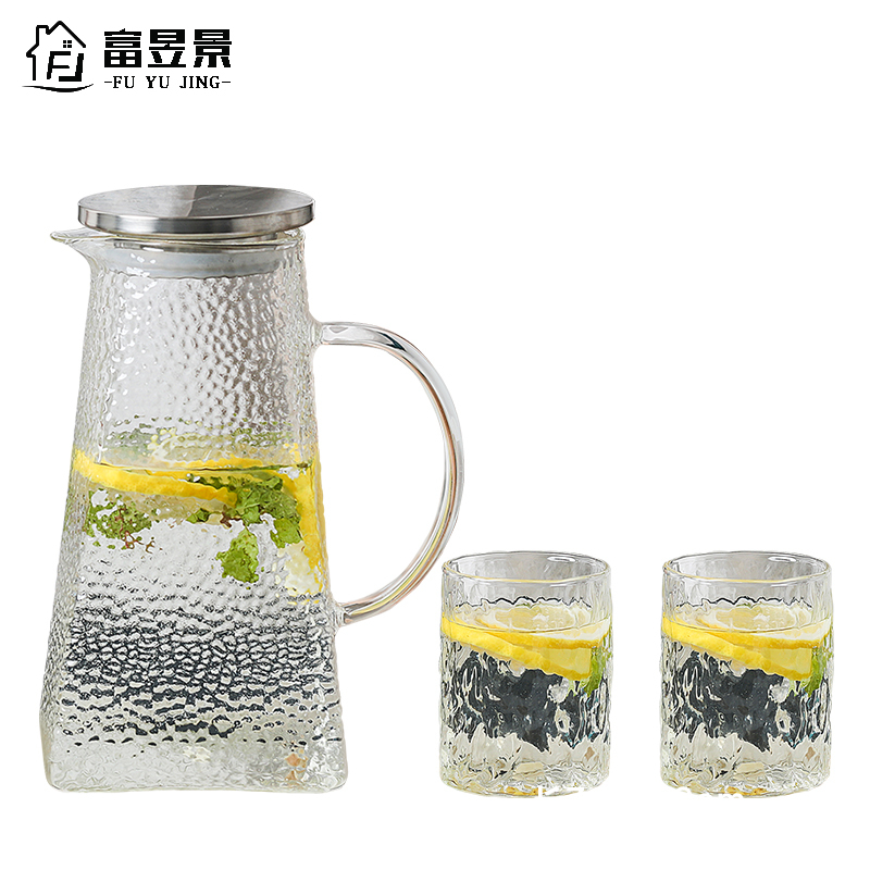 富昱景 日式锤纹玻璃冷水壶高硼硅玻璃 耐高温防爆家用大容量果汁茶壶花茶过滤凉水壶 明火加热水具茶具套装1.5L 一壶二杯