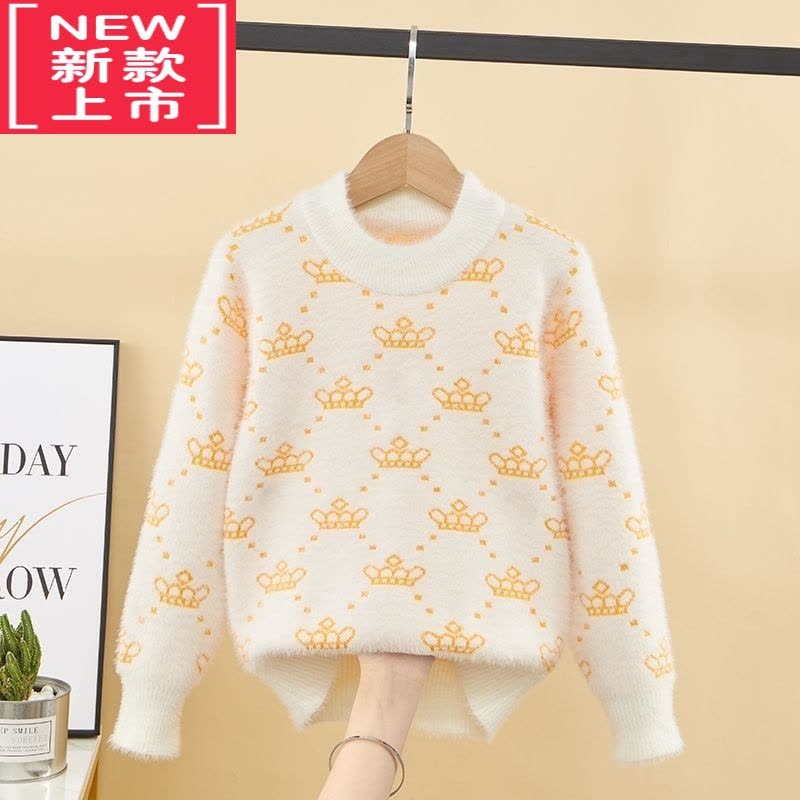 可莉允女童毛衣秋冬款加厚保暖中大童洋气儿童圆领皇冠针织打底衫图片