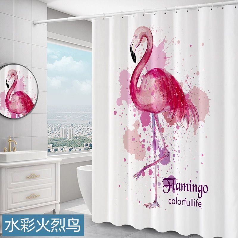 美帮汇北欧浴室浴帘水布加厚霉卫生间帘子洗澡间窗帘淋浴房隔断挂帘 水彩火烈鸟 宽150x高200cm