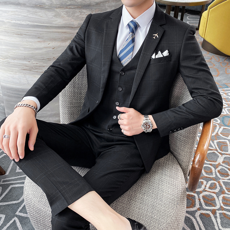 孟康mengkang休闲西服套装男潮流帅气职业正装三件套修身韩版新郎结婚