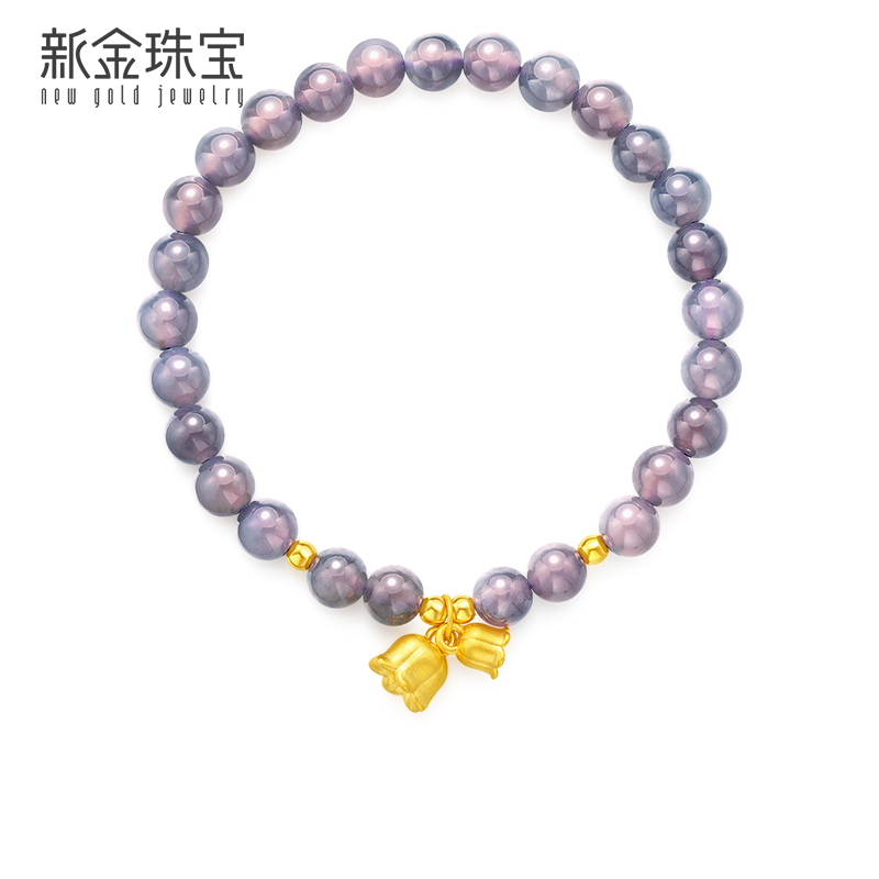 新金珠宝 999足金铃兰花手链女 烟紫料和田玉手串1042