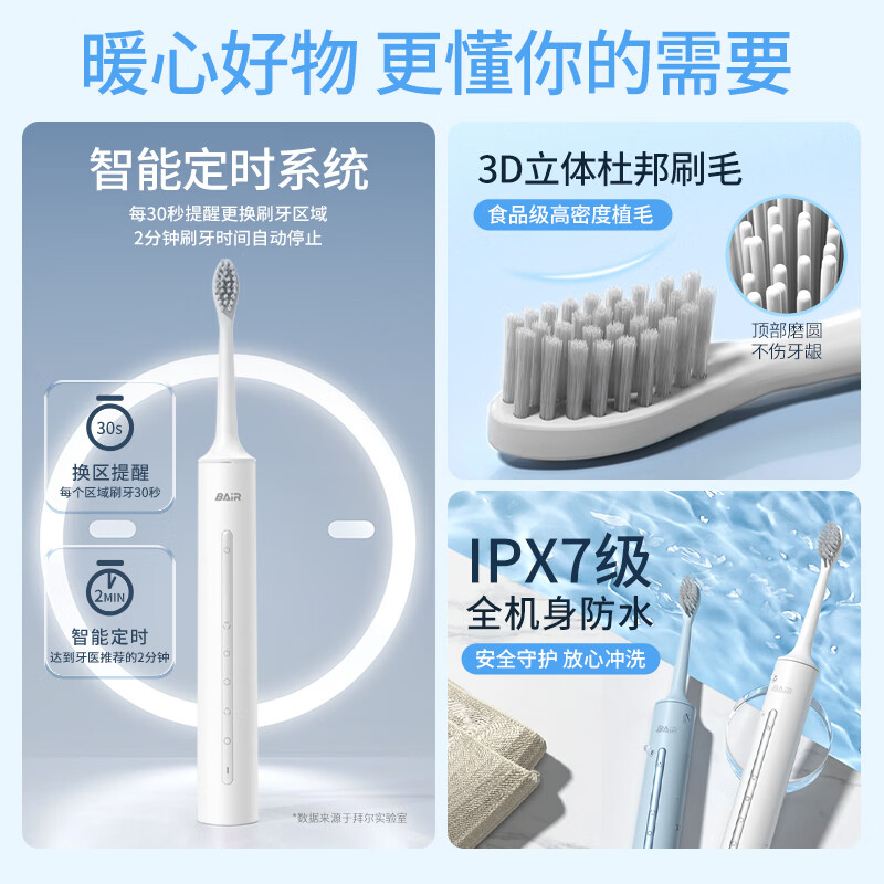 拜尔电动牙刷成人声波充电式震动软毛情侣款学生党智能自动牙刷男女士A9云白高清大图