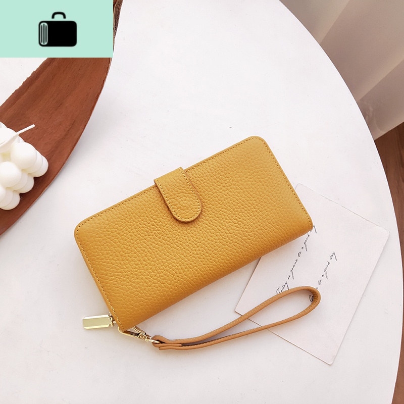 钱包女简约性冷淡复古长款钱2020新款潮大容量多功能手拿包NEW LAKE 黄色头层牛皮