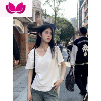 七斓白色V领正肩t恤女短袖夏季2023年新款高级感小众宽松百搭上衣 2XL 白色