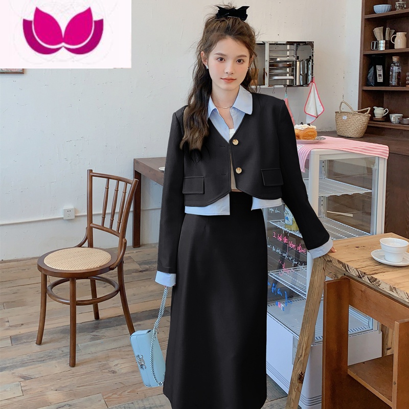 七斓设计感炸街时尚套装女新款显瘦小西装外套休闲半身裙套潮 S 黑色原版