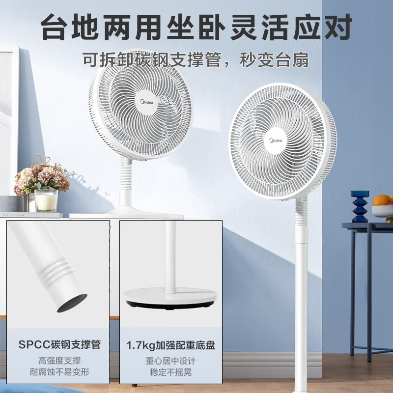 美的电风扇家用7叶落地扇 摇头电风扇循环风扇通风大风量电扇台式桌面小型风扇(台地两用升级款)珍珠白 SAF30AC高清大图