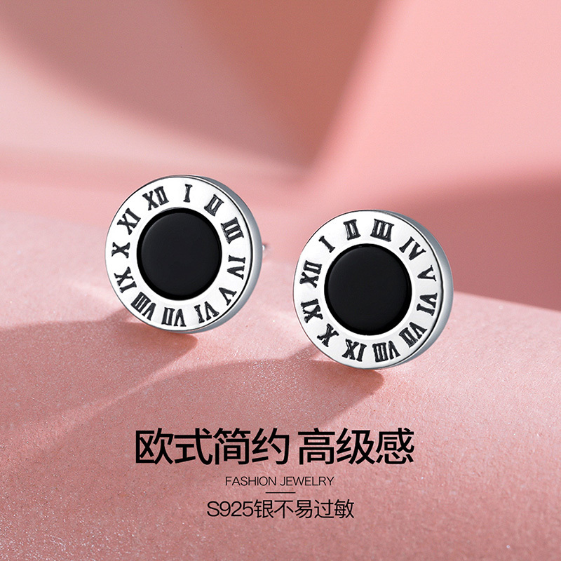 佰色传情S925纯银罗马数字耳钉中性耳环气质简约耳饰男女均可