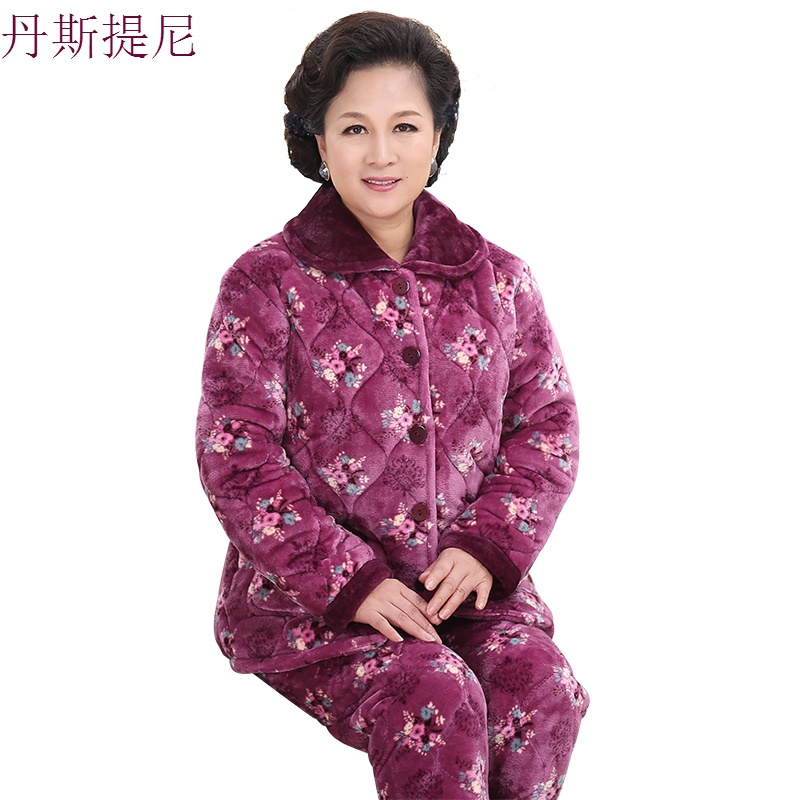 中老年人睡衣女冬季加厚绒三层夹棉珊瑚绒法兰绒套装妈妈家居服秋