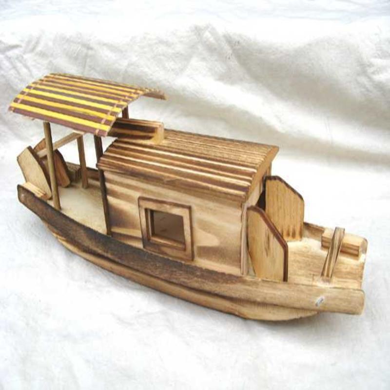 木质打鱼小渔船模型木制带篷小木船儿童玩具家居摆件
