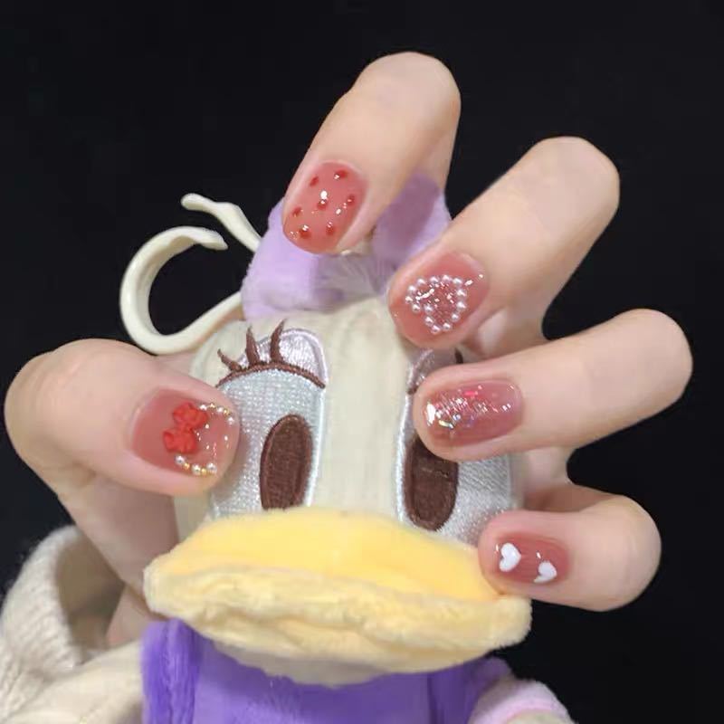 手工美甲,草莓酪酪,可爱甜美迪士尼风美甲学生可穿戴caomei美甲 草莓