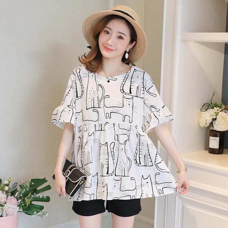 迪鲁奥(DILUAO)孕妇夏季时尚套装2021夏天薄款两件套孕妇喇叭袖娃娃衫+托腹短裤图片