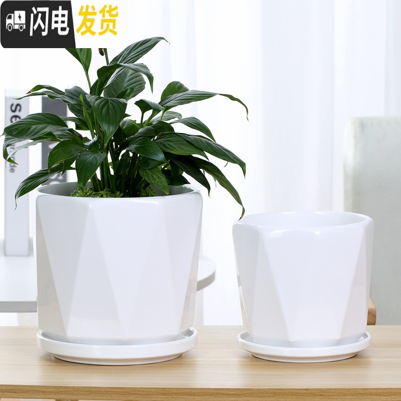三维工匠欧式花盆陶瓷白色创意个性特大号带托盘家用吊兰带托盘绿萝 93006白 特大花盆容器