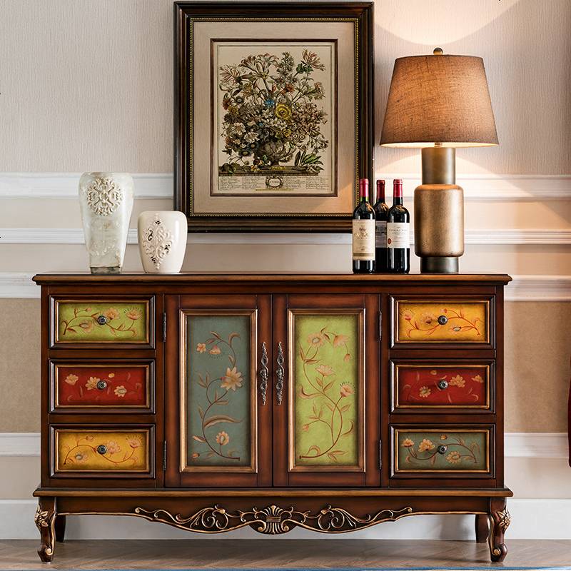 美式餐边柜实木欧式备餐柜彩绘玄关柜斗柜储物收纳柜子家具1.5米 棕色彩绘_双_