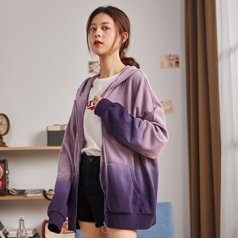 唐狮秋季新款宽松渐变学生原宿风春秋卫衣女外套短款韩版百搭