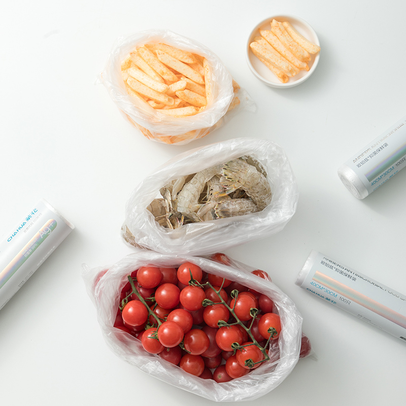茶花一次性保鲜袋家用经济装食物蔬菜水果pe食品袋冰箱冷冻密封袋[加大号400只]40cm*30cm*4卷