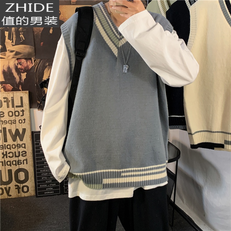 SUNTEKV领背心毛衣男日系学院风宽松dk制服韩版潮流个性拼色坎肩针织衫马甲/背心高清大图