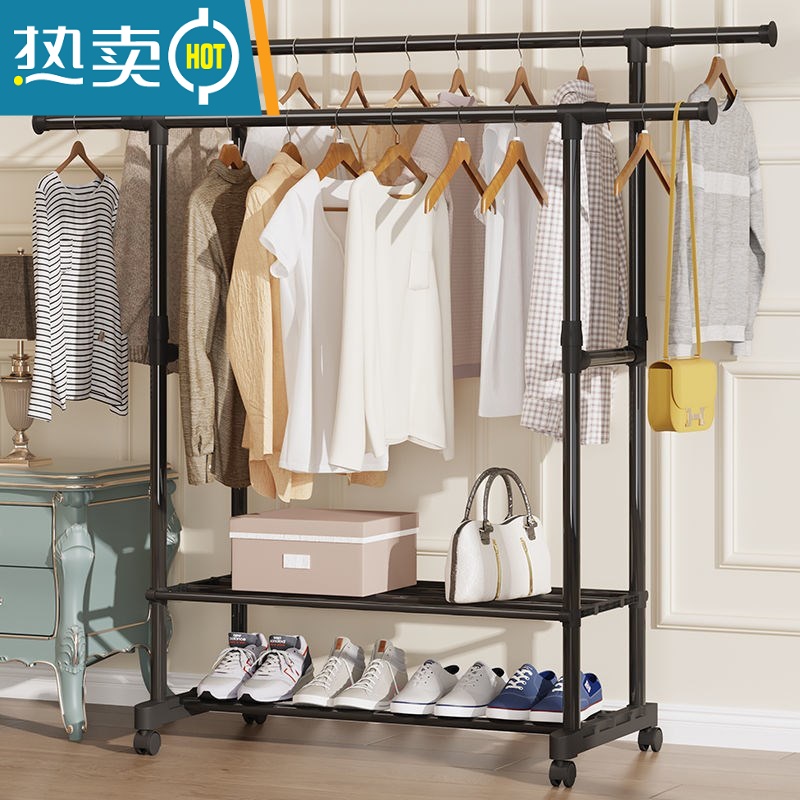 敬平落地折叠晒衣架阳台晾衣架可移动双杆式简易晾衣杆卧室内伸缩家用 (加厚单杆)2层可伸缩高清大图