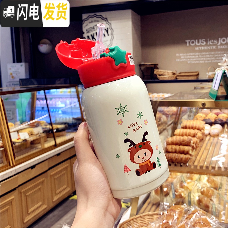 三维工匠圣诞节新年送礼麋鹿保温杯女儿童超可爱卡通带杯套水杯子防漏便携 [帆布杯套]红色双盖高清大图