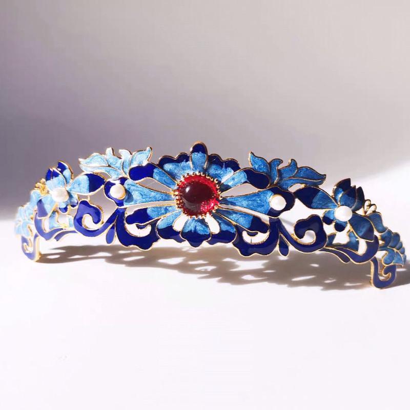 烧蓝发冠汉服配饰古风发簪小发冠头戴饰品明制吊坠小