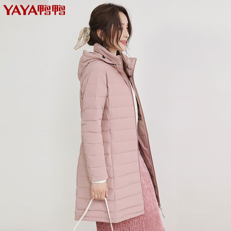鸭鸭 90鸭绒女士羽绒服中长款时尚休闲薄款纯色保暖外套