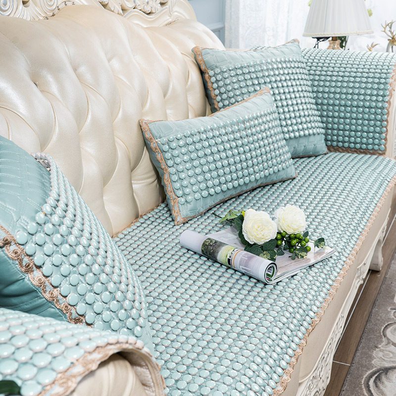夏季陶瓷凉垫 客厅沙发凉席垫夏天款防滑欧式全包萬能套罩坐垫子 布艺+晶彩果绿色 70*180高清大图