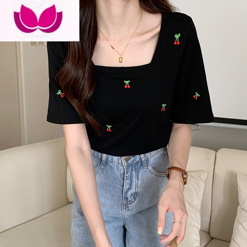 七斓大码胖mm方领正肩短袖t恤女夏季韩版修身显瘦遮肚减龄短款上衣潮
