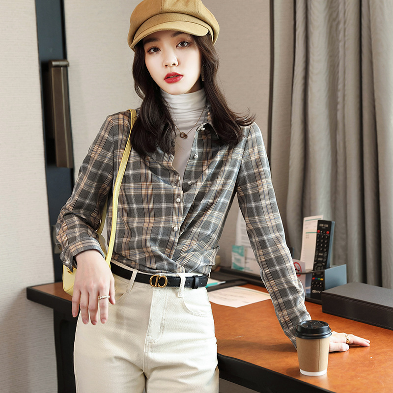 学生格子衬衫女长袖 韩版宽松2021春秋装新款学院风外穿衬衣外套服务